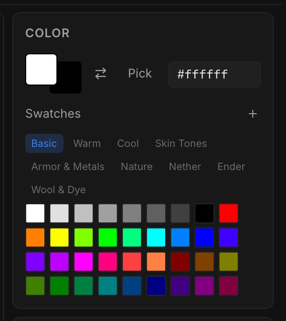 Color picker showing primary/secondary colors, hex input, and palette tabs