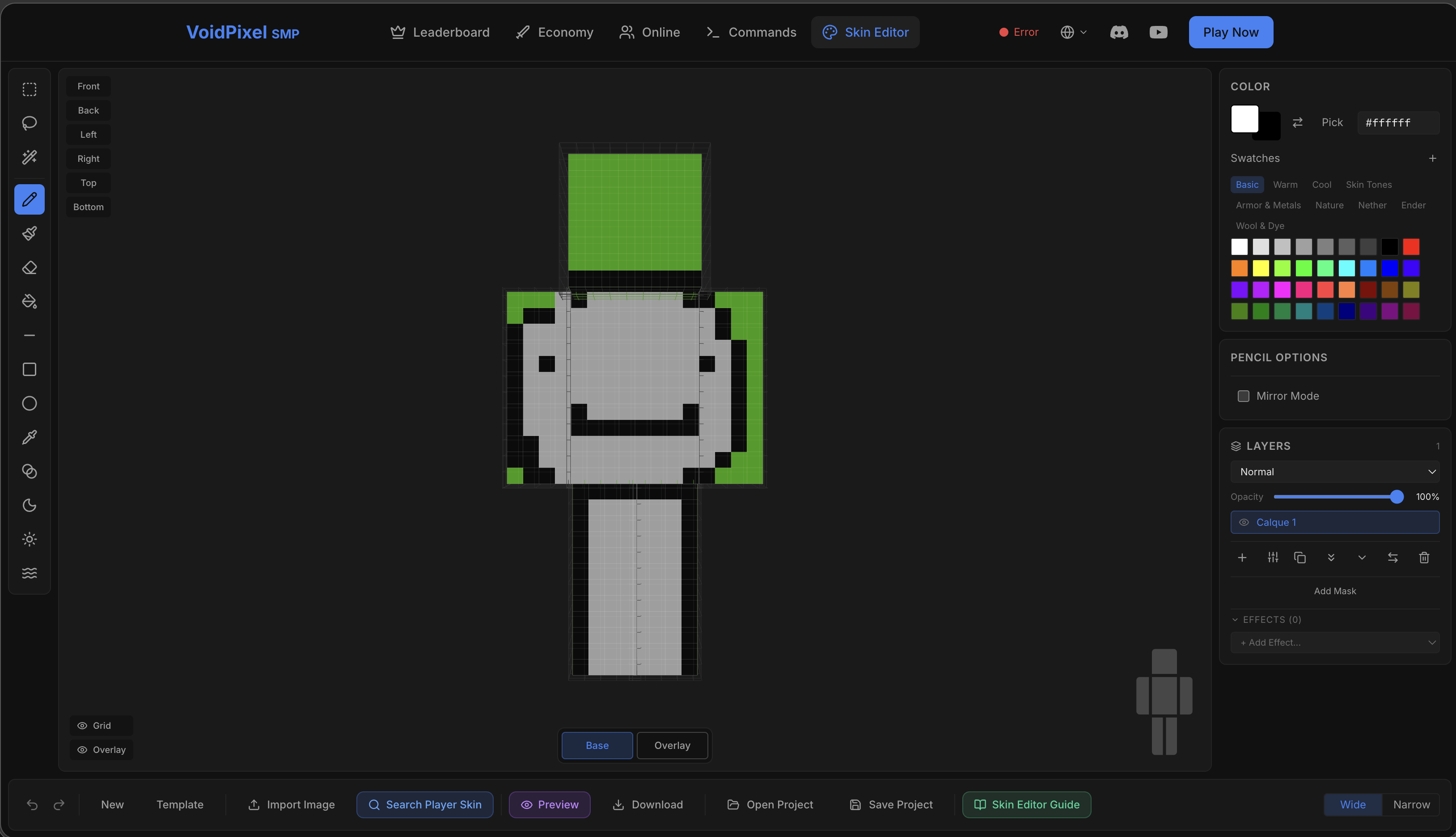 Skin editor interface showing toolbar, 3D canvas, and side panels