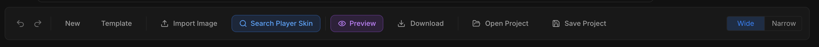 Bottom bar with undo/redo, new, template, upload, search, preview, download, and project buttons